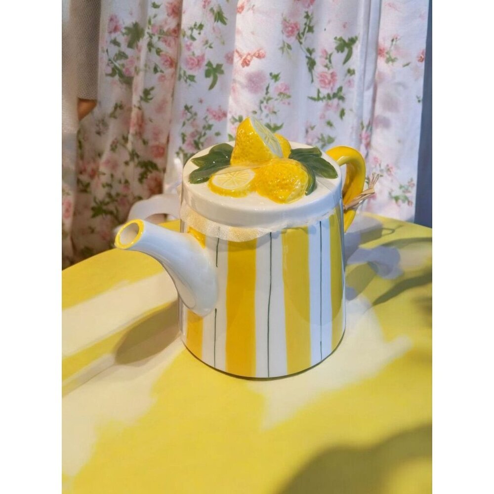 New White / Yellow Stripped Farmhouse Cottage Lemon Ceramic Lemonade Pitcher